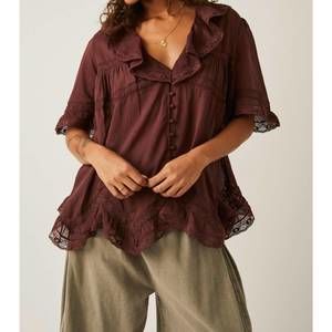 NEW FREE PEOPLE isn't she lovely button down blouse in chocolate lava
